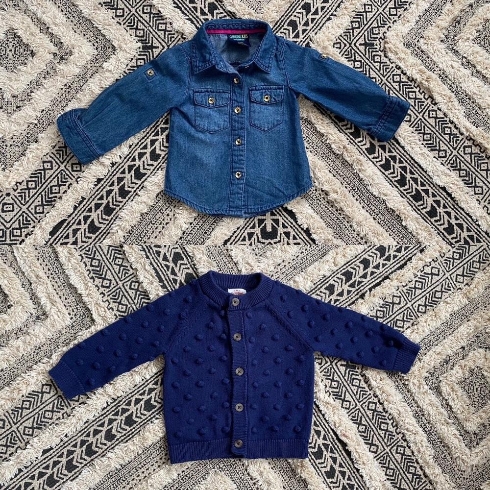 🐻 2/$25 • Unisex Bundle • Denim Button Down & Cute Pom Pom Cardigan